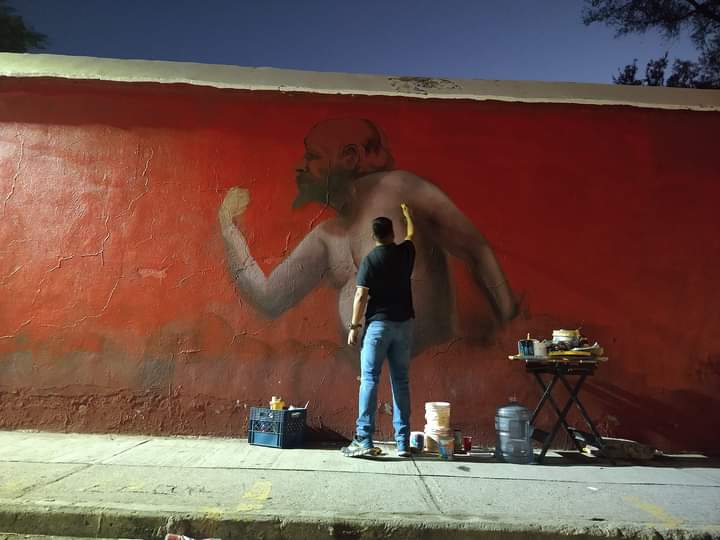 Mural en el Panteón del Saucito, San Luis Potosí, de Antonio Martínez. Temática Leyenda de El gallo Maldonado.