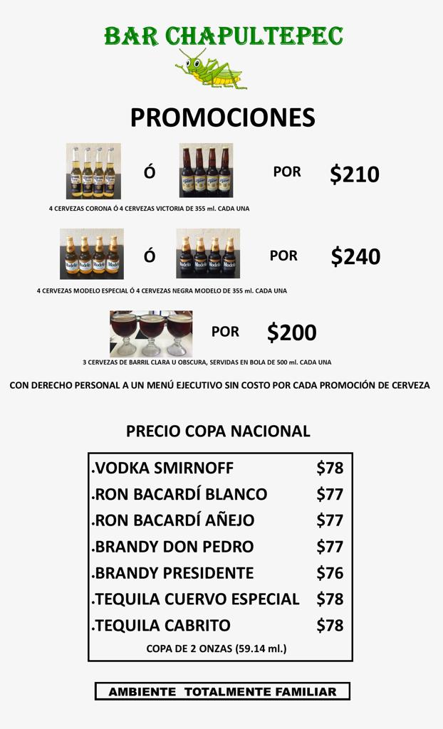 Pregunta por las promociones en el Bar Chapultepec.