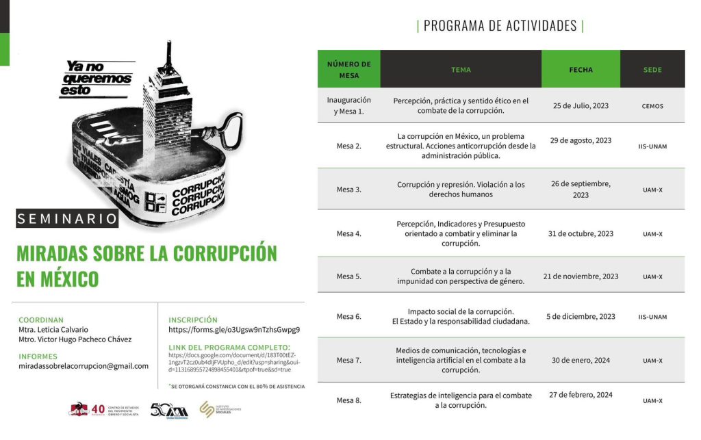 Actividades: segunda mesa denominada La Corrupción en México, un problema estructural. Acciones anticorrupción desde la administración pública.