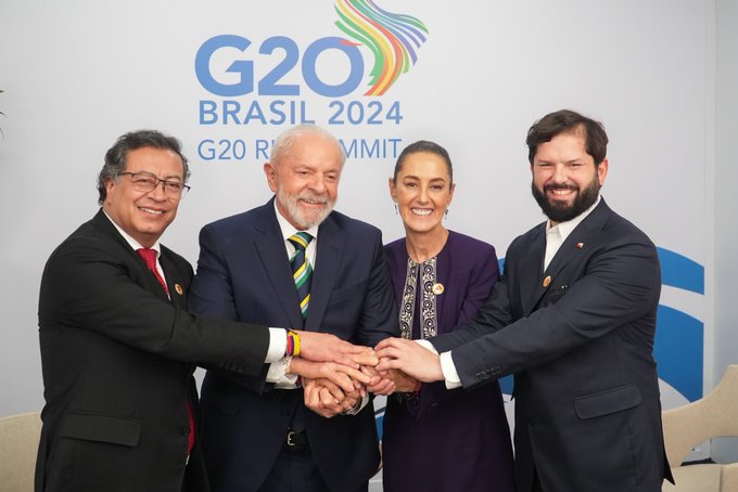 América Latina unida. Nos encontramos con nuestros amigos los presidentes de Brasil, Luiz Inácio Lula da Silva; Chile, Gabriel Boric Font, y Colombia, Gustavo Petro Urrego en la Cumbre de Líderes del G20: Presidenta Claudia Sheinbaum en X.