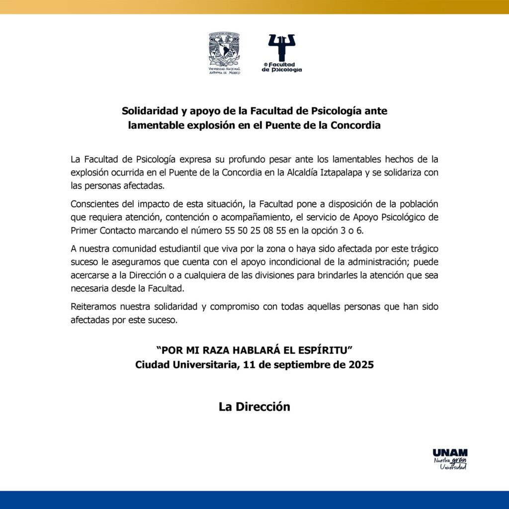 Ofrece Facultad de Psicología de la UNAM apoyo.