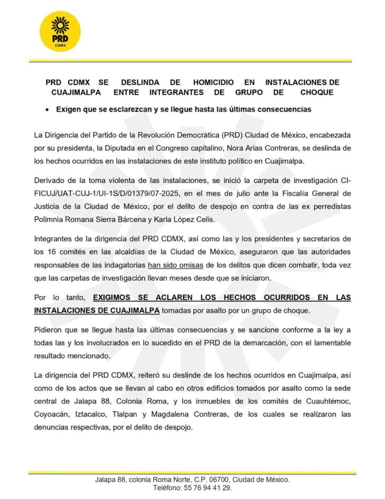 Exige PRDCDMX que se esclarezcan y se llegue hasta las últimas consecuencias posibles ilícitos en toma de instalaciones.