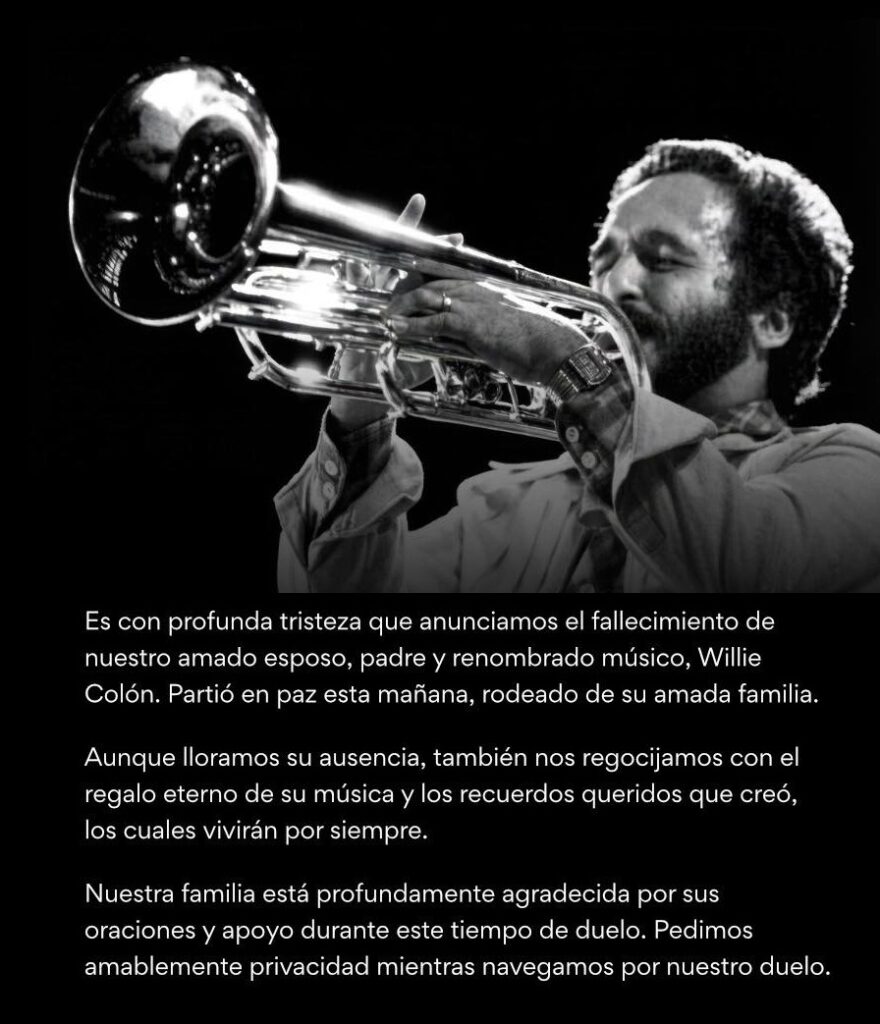 Suenan los metales de la salsa en el firmamento. El Malo del Bronx se ganó el amor de millones en el mundo. Hoy toca en el cielo. Descanse en paz Willie Colón. Imagen: @rubenblades