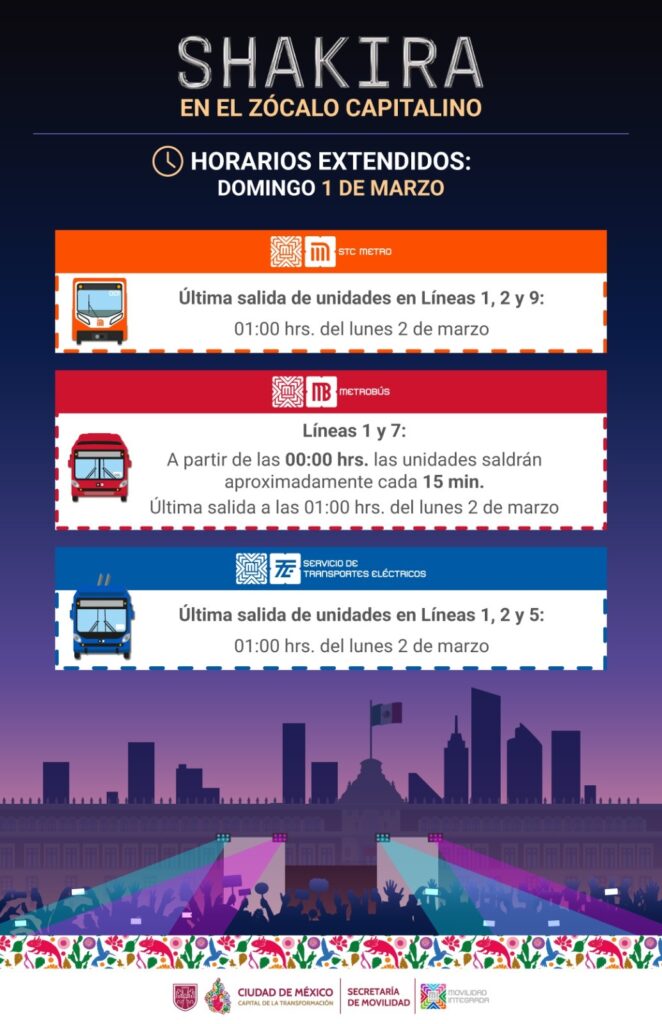 SEMOVI anuncia rutas de llegada y horario extendido del transporte público para el concierto de Shakira en el Zócalo.