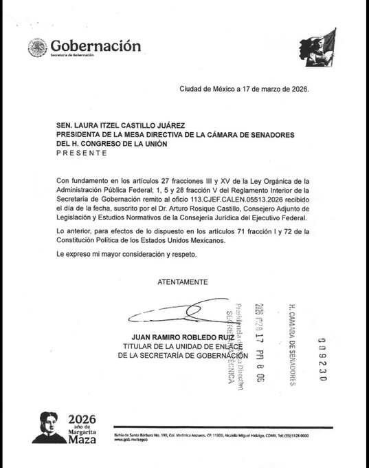 Notifica Ejecutivo Federal de omisión en iniciativa de reforma en materia electoral.