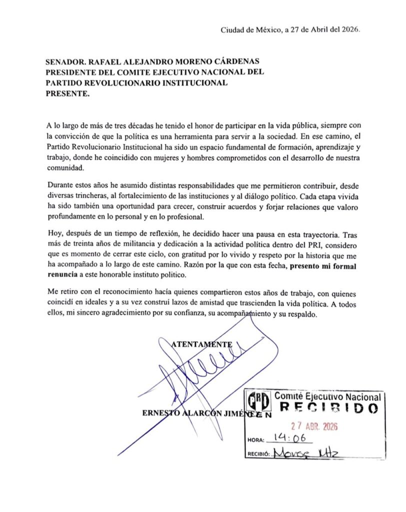 Renuncia al PRI excoordinador de ese partido en el Congreso de la Ciudad de México, Ernesto Alarcón Jiménez.