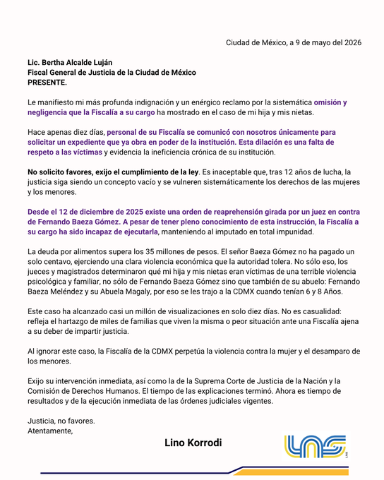 En una carta enviada a Bertha Alcalde, el empresario que existe omisión desde hace cinco meses, por un caso de violencia familiar y obligaciones alimenticias.