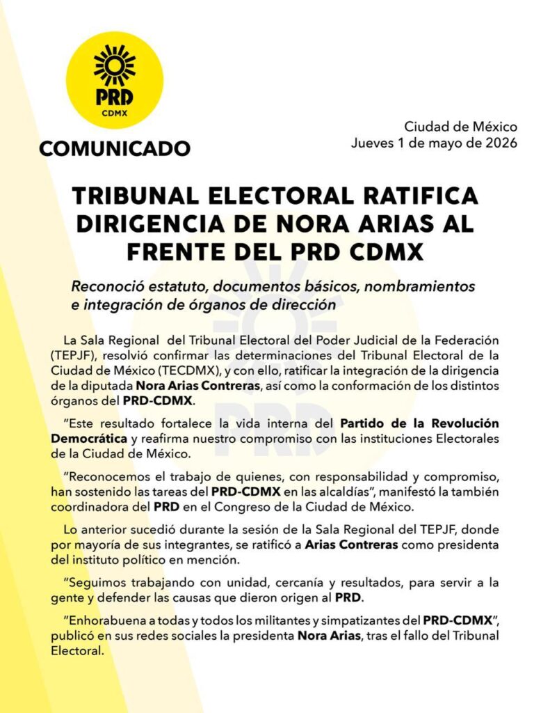 Este resultado fortalece la vida interna del Partido de la Revolución Democrática y reafirma nuestro compromiso con las instituciones Electorales de la Ciudad de México. Nora Arias.