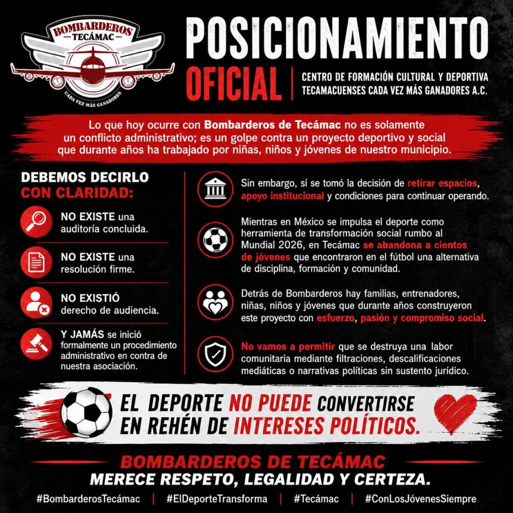 Reprueba el equipo de fútbol Bombarderos de Tecámac retiro de apoyo del Ayuntamiento de Tecámac.