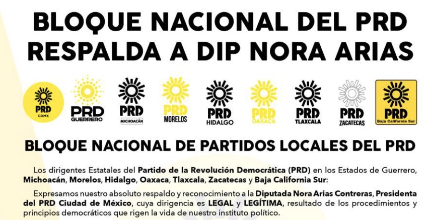 El Bloque Nacional de Partidos Locales del PRD, reconoce a dip Nora Arias  presidenta de PRD CDMX.