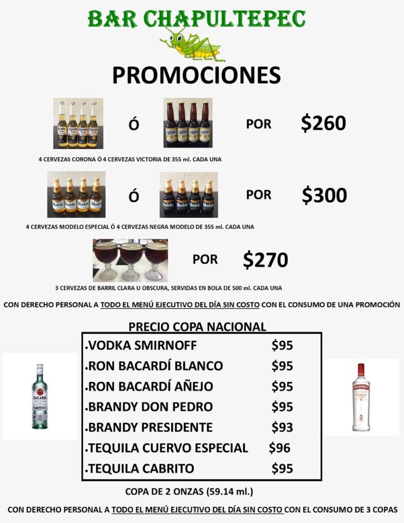 Nuevas promociones en tu Bar Chapultepec. Disfruta de un gran ambiente y delicioso menú.